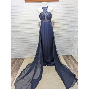 Milano Women's Navy Blue Halter Beaded Formal Gown with Sheer Train Dress Size 8